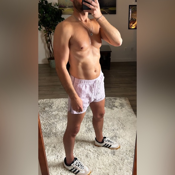 Andrew Christian | Miami Cabana Boy Art Deco 3" Zip Shorts Lavender Sparkle (L) - Picture 11 of 16